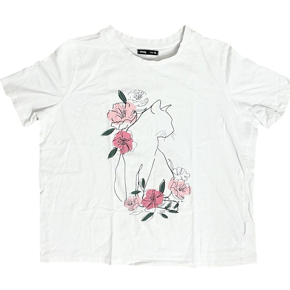 Women White T-Shirt Floral Cat Graphic Tee Short Sleeve Cute Casual XL